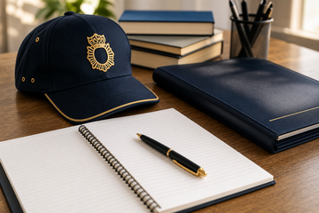 Gorra de Policía Nacional sobre cuaderno REVOPOL