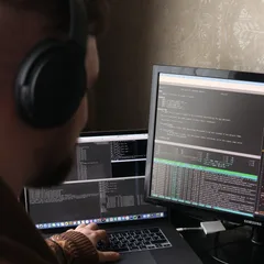Programador de espaldas frente a sus pantallas