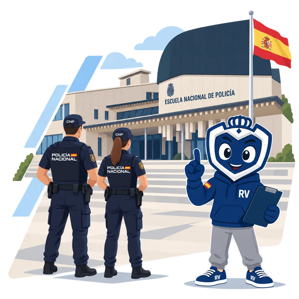 Aitorín delante de la Escuela Nacional de Policía de Ávila con dos agentes