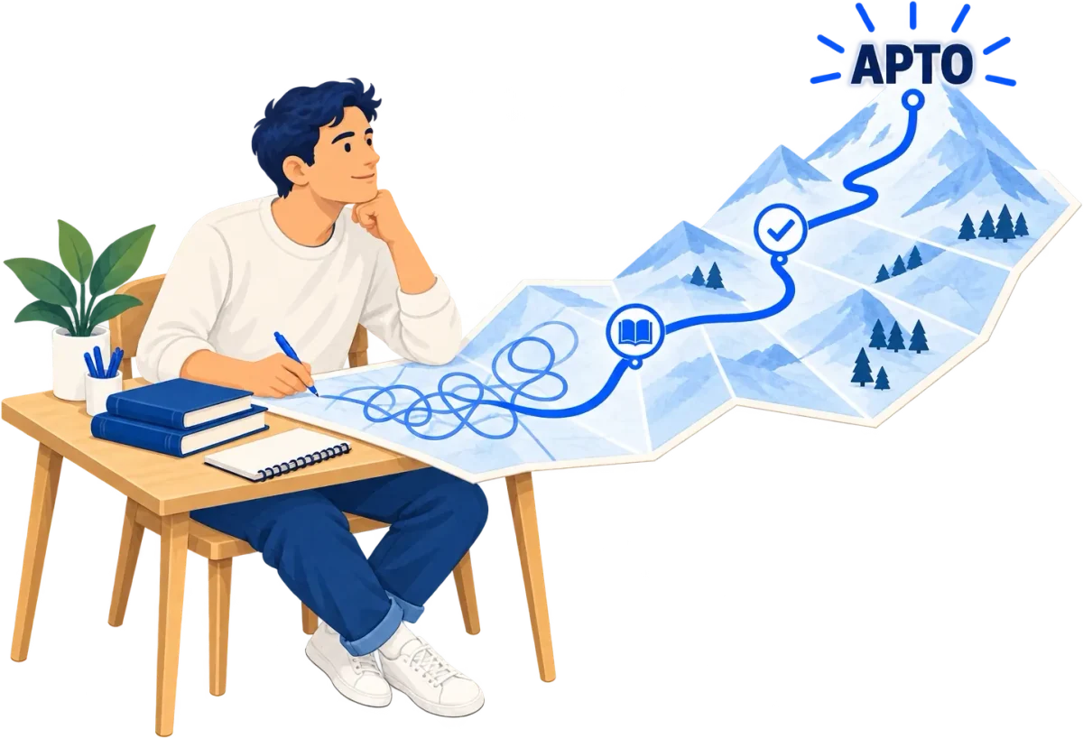 Un opositor en su mesa mira un mapa: la ruta empieza enredada y, con el mapa, sube recta hasta la cima donde pone APTO.
